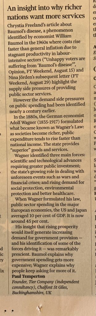 Paul Temperton’s letter on Wagner’s Law published in the Financial Times, 5 September 2026